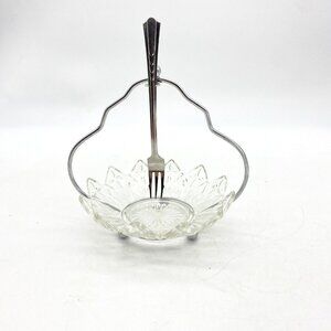 Vtg Seafood Server Glass Dish‎ Scallop Edges Stainless Fork Handle Relish Dish
